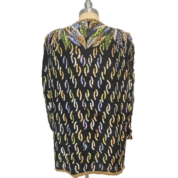 Vintage Moonlite 80s Dynasty Black Sequin Silk Beaded Jacket Open Front XL Large - Picture 3 of 8